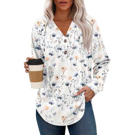 Kixjoy Hoodies for Women Floral Print V Neck Long Sleeve Hoodie Button Casual Cozy Sweatshirt Loose Fit Fashion Fall Shirts for Women, White S