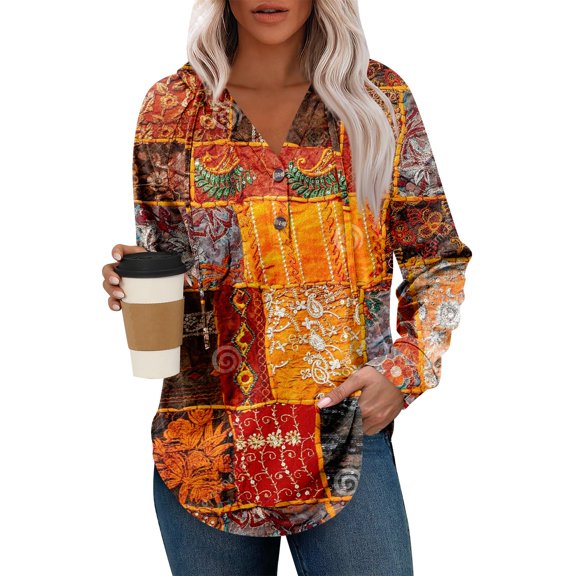 Kixjoy Hoodies for Women Floral Print V Neck Long Sleeve Hoodie Button Lounge Cozy Sweatshirts Baggy Fashion Fall Sweatshirt for Women, Orange S