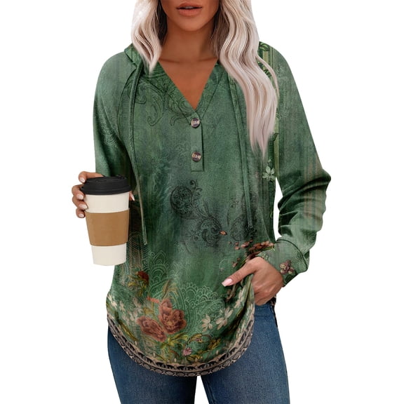Kixjoy Hoodies for Women Trendy Button Long Sleeve Hoodie Casual Floral Print V Neck Tops Soft Loose Fit Winter Shirts for Women, Green S