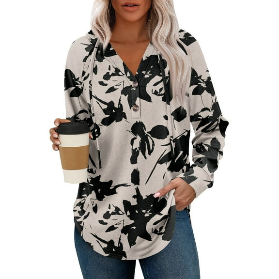 Kixjoy Hoodies for Women Trendy Button Long Sleeve Hoodies Casual Floral Print V Neck Tops Soft Baggy Fall Womens Hoodies, Beige S