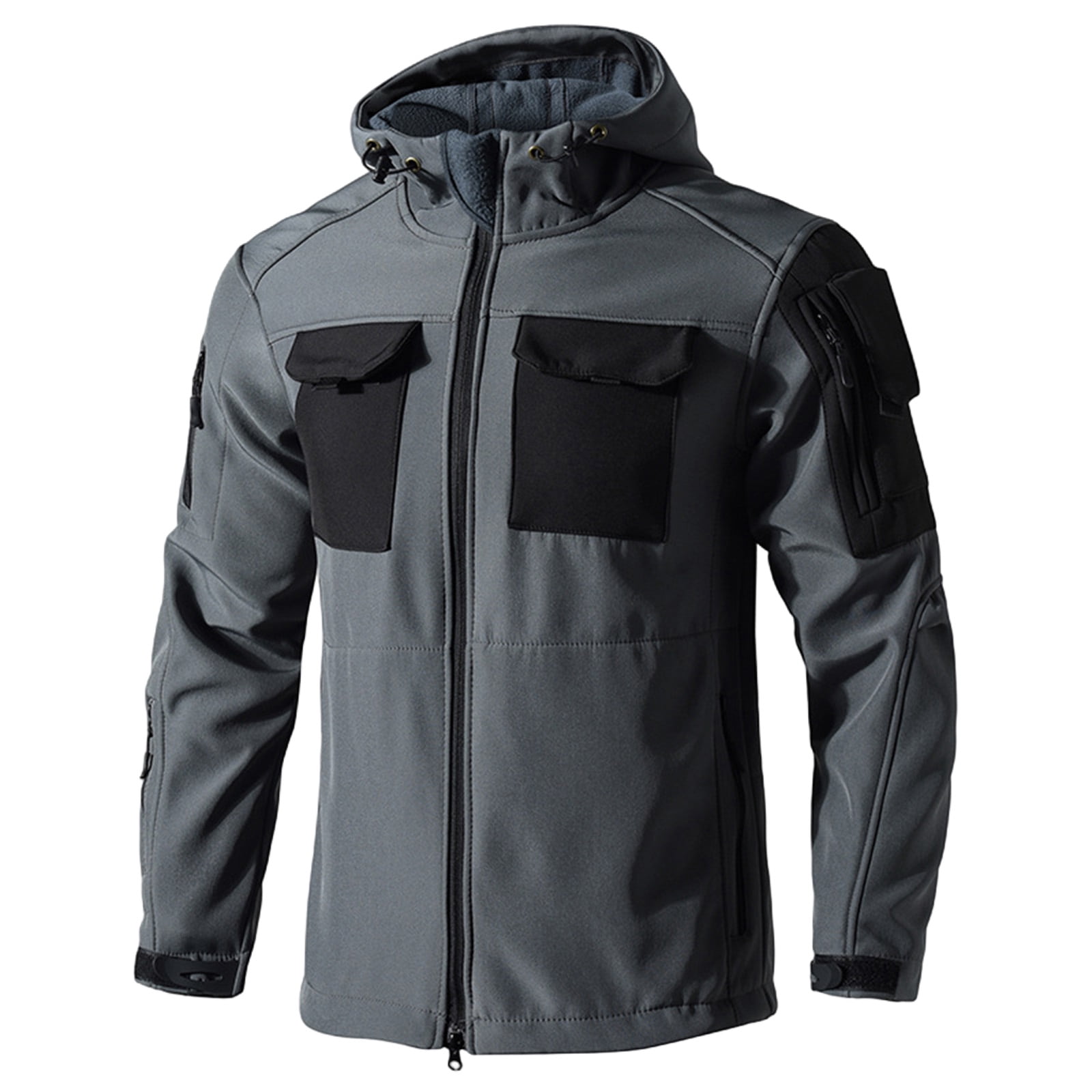 Kixjoy Jackets for Men Big and Tall Waterproof Hooded Jacket Long Sleeve Full Zip Winter Coats Warm Hiking Camo Windbreaker Jackets for Men with Pockets, Dark Gray 2XL