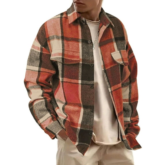 Kixjoy Jackets for Men Fashion Long Sleeve Cotton Plaid Shirt Thermal Loose Winter Coats Vintage Casual Lightweight Shackets for Men 2025, Red S