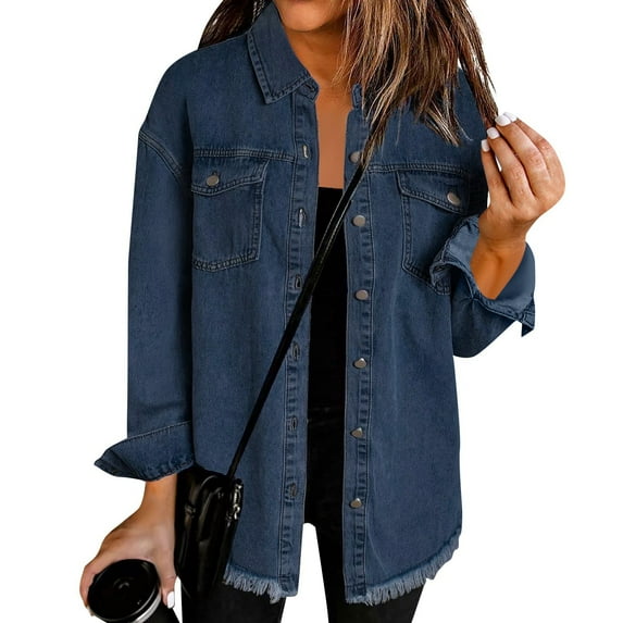 Kixjoy Jean Jacket for Women Trendy Plus Size Button Down Denim Jackets Casual Winter Long Sleeve Shirt Fashion Lightweight Loose Fit Coat for Women with Pockets, Dark Blue S
