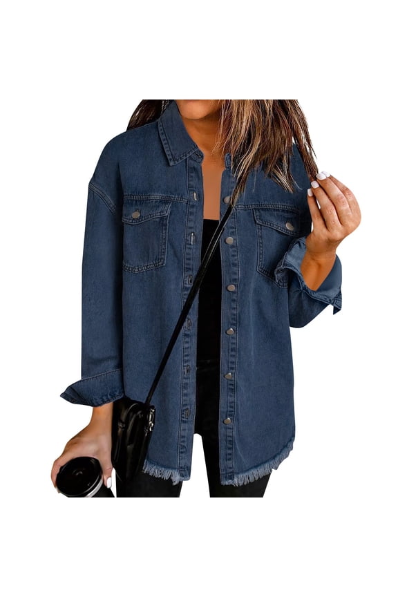 Jean Jacket for Women Trendy Plus Size Button Down Denim Jackets Casual Winter Long Sleeve Shirt Fashion Lightweight Loose Fit Coat for Women with Pockets, Dark Blue S