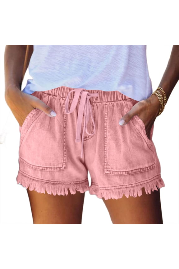 Jean Shorts Women Lounge High Waisted Jean Shorts Pull On Plus Size Drawstring Beach Shorts with Pockets, Pink M
