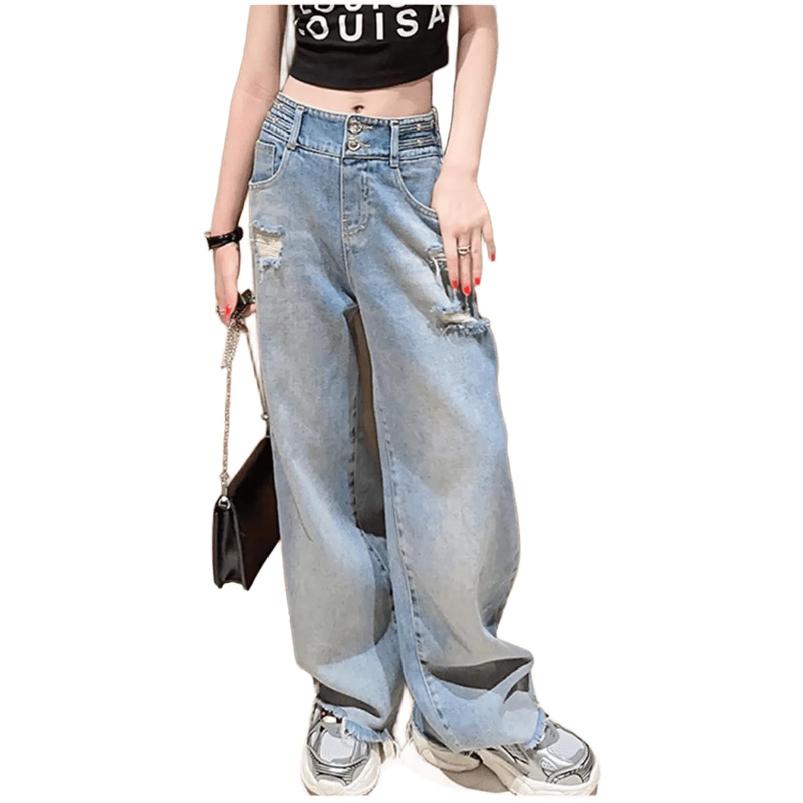 Girls Ripped Straight Leg Jeans - Baggy Wide Leg Denim Pants With Elastic Waist, Distressed Streetwear