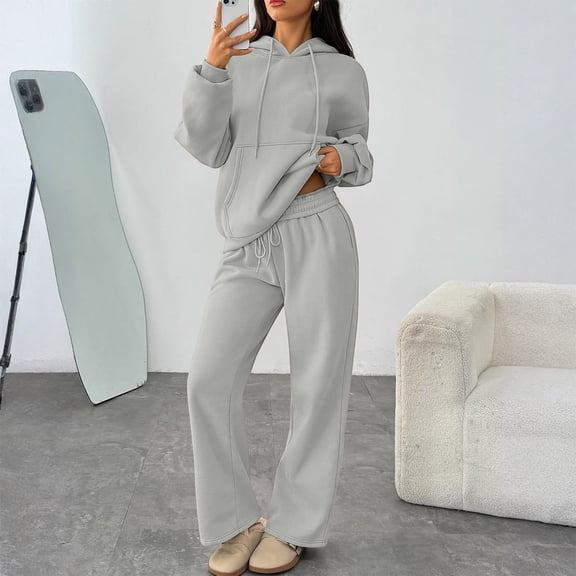 Kixjoy Jogging Suits for Women Plus Size Hooded Hoodies and Pants 2 Piece Long Sleeve Athletic Casual Sweatsuit Plain Thermal Winter Womens Clothing with pockets, Light Gray S