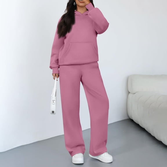 Kixjoy Jogging Suits for Women Plus Size Hoodies and Pants Sets Long Sleeve Athletic Casual Sweatsuit Plain Thermal Winter Loungewear Sets Woman with pockets, Watermelon Red XXL