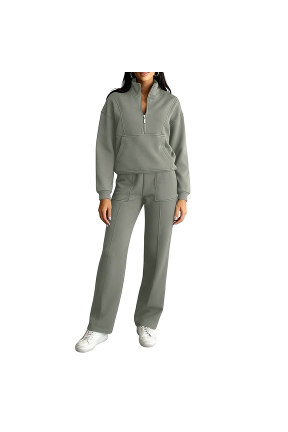 Jogging Suits for Women Plus Size Wide Leg Pant 2 Piece Long Sleeve Quarter Zip Casual Sweatsuit Plain Thermal Fall Outfits for Women, Army Green L