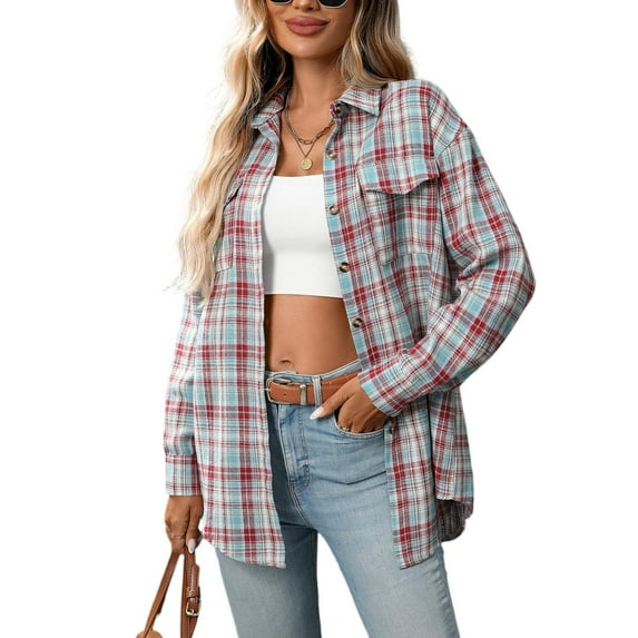 Kixjoy Light Blue Plaid Shirts for Women Long Sleeve Button Down Flannel Shirt Plus Size Fashion Fall Tops Casual Lightweight Womens Blouses with Pockets, Light Blue L