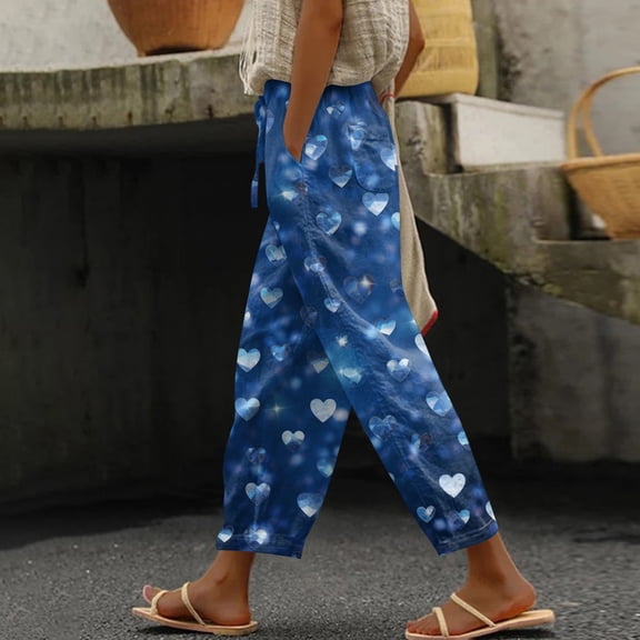 Kixjoy Linen Pants Women Casual Baggy Valentine's Capris Pant Drawstring Elastic Waisted Wide Leg Linen Pants Fashion Soft Summer Trousers Pants, Blue XL
