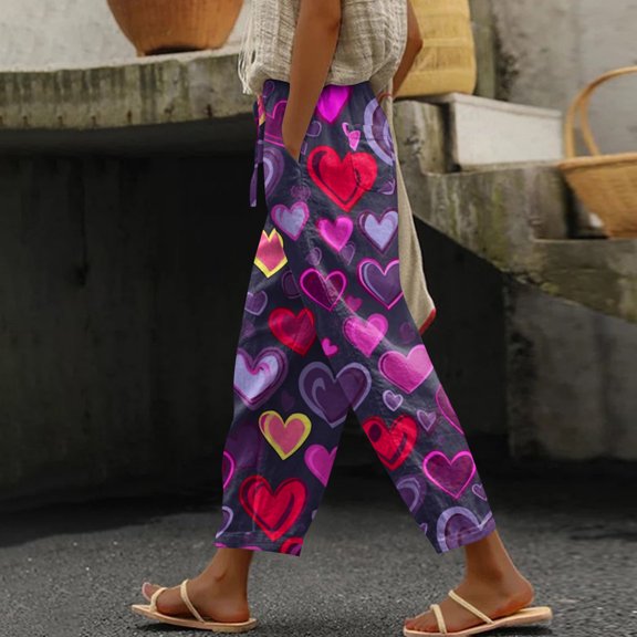 Kixjoy Linen Pants Women Lounge Baggy Valentine's Capris Pant Drawstring Elastic Waisted Wide Leg Linen Pants Fashion Soft Summer Trousers Pants, Purple XL