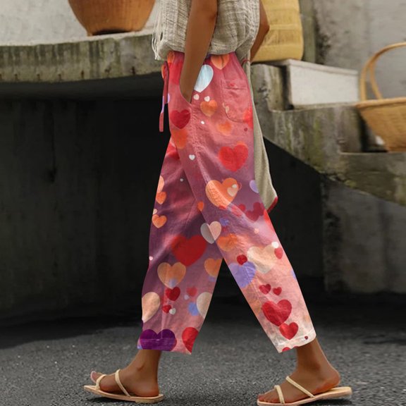 Kixjoy Linen Pants Women Lounge Baggy Valentine's Capris Pants Drawstring Elastic Waisted Wide Leg Linen Pants Trendy Cozy Spring Trousers Pants, Watermelon Red L