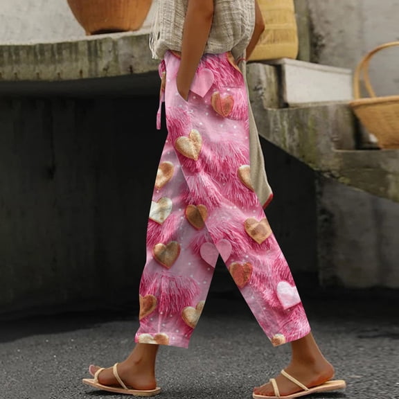 Kixjoy Linen Pants Women Lounge Drawstring Wide Leg Palazzo Pants Elastic Waisted Loose Fit Valentine's Linen Pant Cozy Trendy Spring Trousers Pants, Pink XL