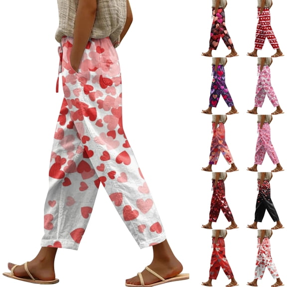Kixjoy Linen Pants Women Lounge Drawstring Wide Leg Palazzo Pants Elastic Waisted Loose Fit Valentine's Linen Pants Cozy Trendy Summer Trousers Pants, White L