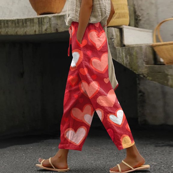 Kixjoy Linen Pants Women Lounge Loose Fit Valentine's Capris Pants Drawstring Elastic Waisted Wide Leg Linen Pant Fashion Soft Spring Pants with Pockets, Red S