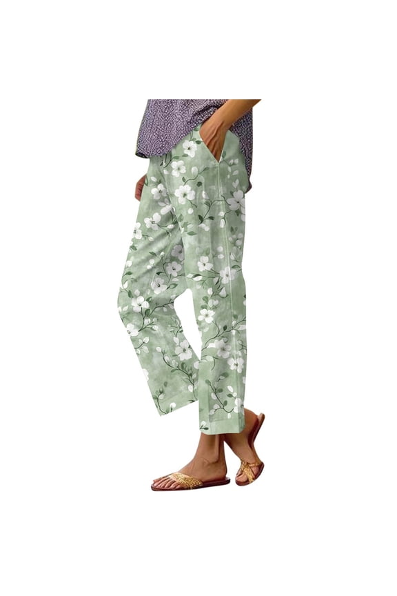 Linen Pants for Women Floral Print Elastic Waist Straight Leg Cropped Trousers Summer Casual Beach Vacation Clothes, Mint Green S