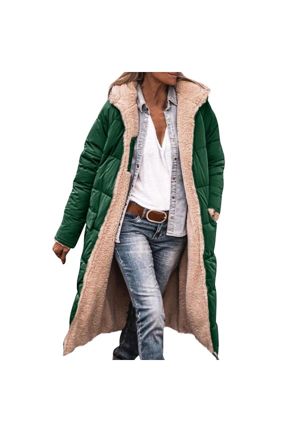 Long Fleece Jacket Women Long Length Sleeve Thick Fall Puffer Jacket Quilted Zip Up Plus Size Coats Fashion Heavyweight Hooded Jackets with Pockets, Green L
