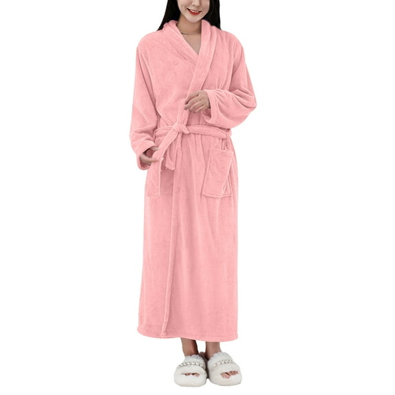 Kixjoy Long Robes for Women Oversized Fuzzy Long Sleeve Bathrobe Lightweight Soft Warm House Coat Fall Basic Casual Women's Sleepwear with Pockets, Pink