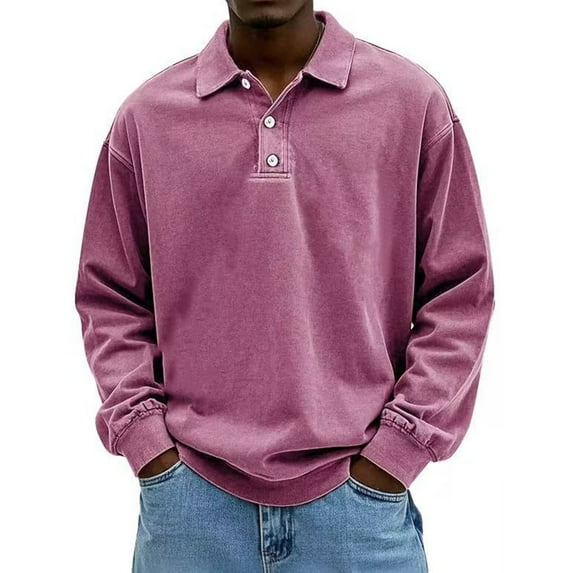 Kixjoy Long Sleeve Polo Shirts for Men Big and Tall Button Down Polo Shirts Collared Soild Winter Pullovers Fashion Warm Lightweight Men's Clothing, Pink XL