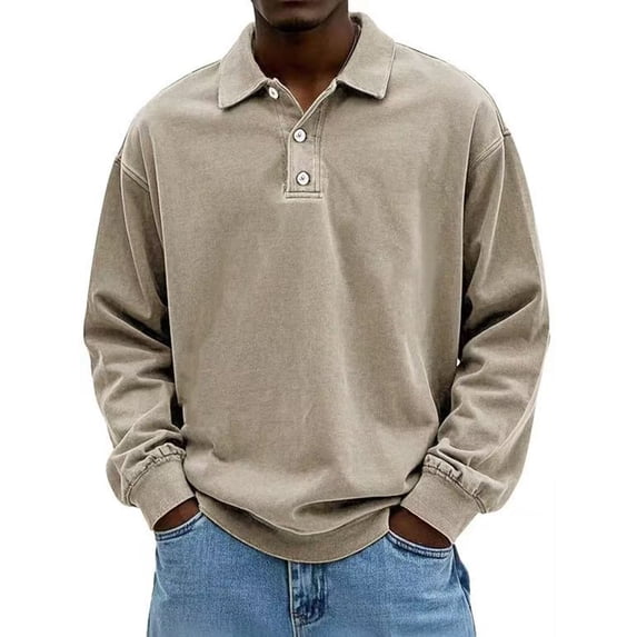 Kixjoy Long Sleeve Polo Shirts for Men Oversized Button Down Polo Shirt Collared Basic Winter Pullover Fashion Warm Lightweight Mens Pullover, Khaki M