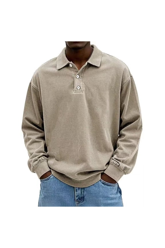 Long Sleeve Polo Shirts for Men Oversized Button Down Polo Shirt Collared Basic Winter Pullover Fashion Warm Lightweight Mens Pullover, Khaki M