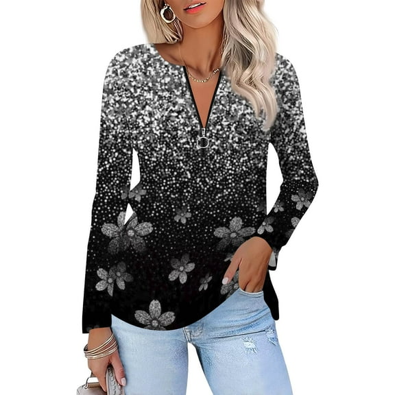 Kixjoy Long Sleeve Shirts for Women V Neck Lightweight Quarter Zip Shirts Fashion Fall Tunic Top Sequin Casual Regular Womens Blouses, Gray M
