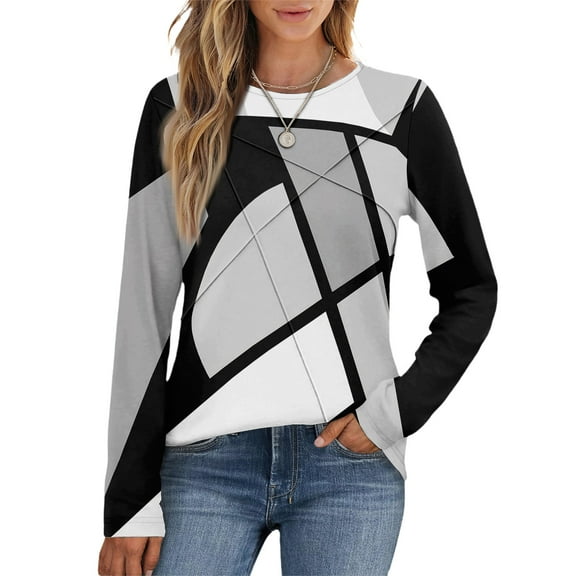 Kixjoy Long Sleeve T Shirt Women Dressy Ruched Round Neck Tees Baggy Casual Long Sleeve T Shirt Winter Geometric Print Loose Fit Womens Tops, Gray XL