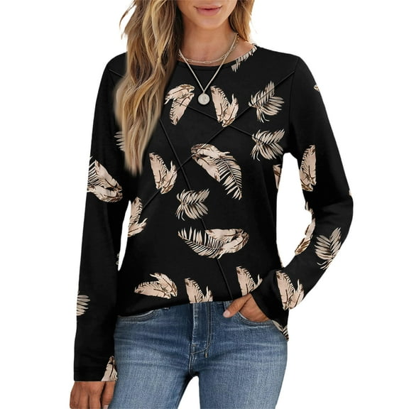 Kixjoy Long Sleeve T Shirt Women Striped Pleated Plus Size Round Neck Blouses Casual Geometric Print Long Sleeve Tshirts Cute Loose Fit Fall Clothing, Black XXL