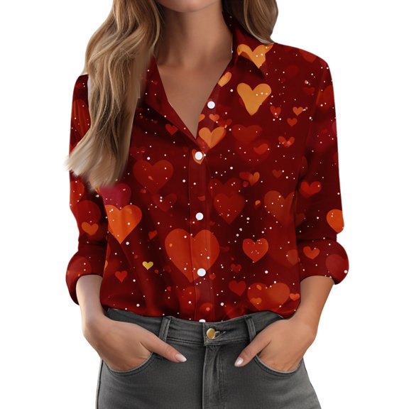Kixjoy Long Sleeve Tops for Women Button Down Collared V Neck Shirt Valentine Lightweight Casual Tunic Top Work Soft Womens T Shirts, Watermelon Red M