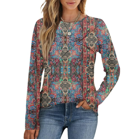Kixjoy Long Sleeve Tops for Women Dressy Striped Ruched Crew Neck Tee Blouse Plus Size Casual Long Sleeve Tshirt Fall Geometric Print Loose Fit Outfits, Multicolor XL