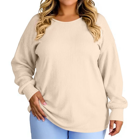 Kixjoy Long Sleeve Tops for Women Plus Size Fashion Crewneck Sweatshirt Basic Lightweight Loose Fit Shirts Casual Winter Blouses for Women, Beige, 3XL