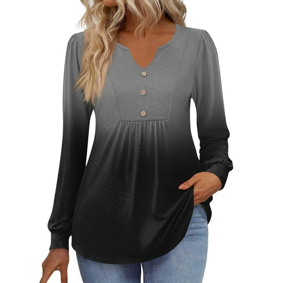Kixjoy Long Sleeve Tops for Women V Neck Oversized Button Down Shirts Casual Fall Lightweight Tunic Top Fashion Travel Gradient Women's Clothing, Black M