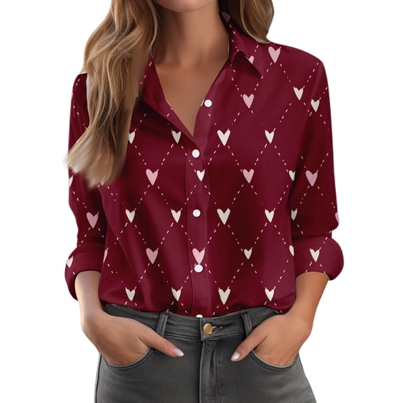 Kixjoy Long Sleeve Tops for Women Button Down Collared V Neck Shirt Valentine Lightweight Lounge Tunic Tops Dressy Cozy Womens Tops, Deep Red S