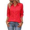 thumbnail image 1 of Kixjoy Long Sleeve Tops for Women Collared Button Down V Neck Shirts Lounge Work Business Tunic Tops Lightweight Soft Soild Tees, Red S, 1 of 5