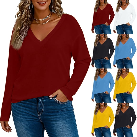 Kixjoy Long Sleeve V Neck Shirts for Women Oversized Lightweight Fashion Top Plain Soft Loose Fit Tops Casual Fall Womens Tops, Wine 5XL