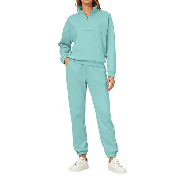 Kixjoy Lounge Sets for Women Half Zip Lapel Sweatshirts and Pants Sets Long Sleeve Athletic Casual Sweatsuit Plain Warm Winter Womens Clothing, Mint Green L