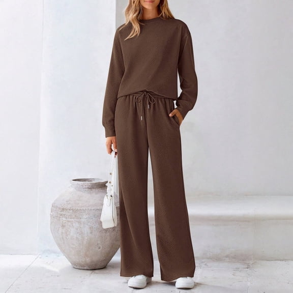 Kixjoy Lounge Sets for Women Oversized Casual Long Sleeve Sweatsuits Workout Thermal Wide Leg Pant Sets Basic Winter Loungewear Sets Woman, Coffee 2XL