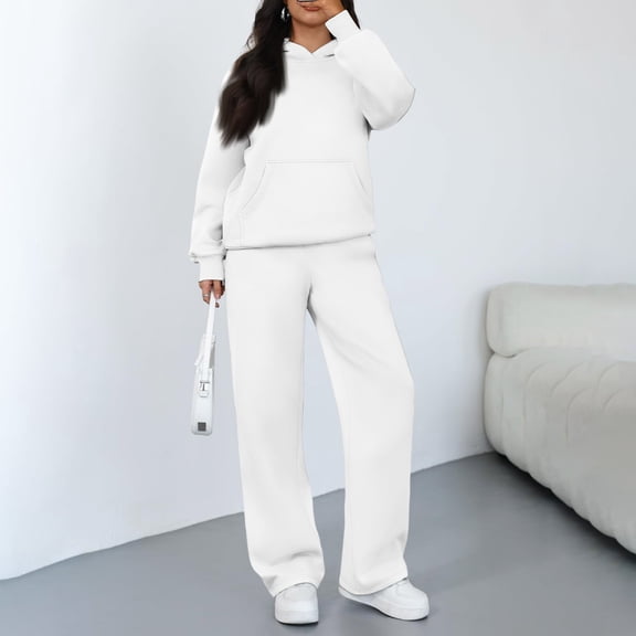 Kixjoy Lounge Sets for Women Oversized Fashion Long Sleeve Sweatsuit Athletic Warm Wide Leg Pant 2 Piece Basic Winter Loungewear Sets Woman with pockets, White XL