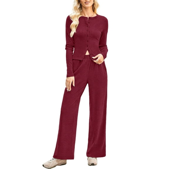 Kixjoy Lounge Sets for Women Oversized Sweatshirts and Wide Leg Pants Sets Long Sleeve Workout Casual Sweatsuit Ribbed Knit Warm Fall Womens Clothing, Wine L