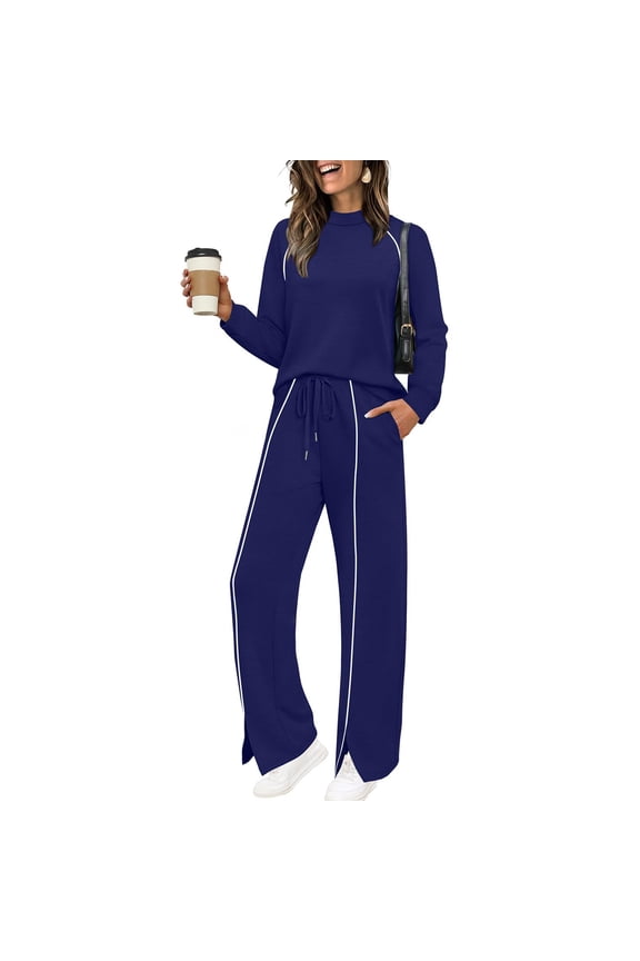Matching Sets Women Clothing Plus Size Casual Long Sleeve Sweatsuits Workout Warm Wide Leg Pant Sets Basic Winter Womens Clothing, Dark Blue L