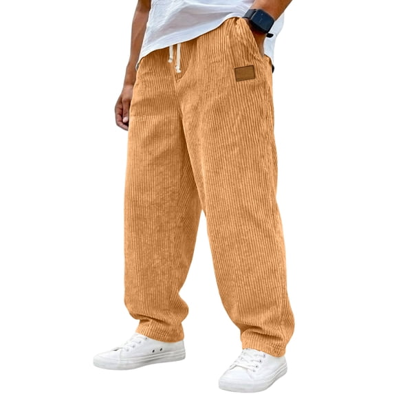 Kixjoy Men Corduroy Pants Casual Elastic Waist Straight Leg Pant Drawstring Vintage Loose Fit Joggers Soft Vintage Mens Trousers with Pockets, Yellow 2XL