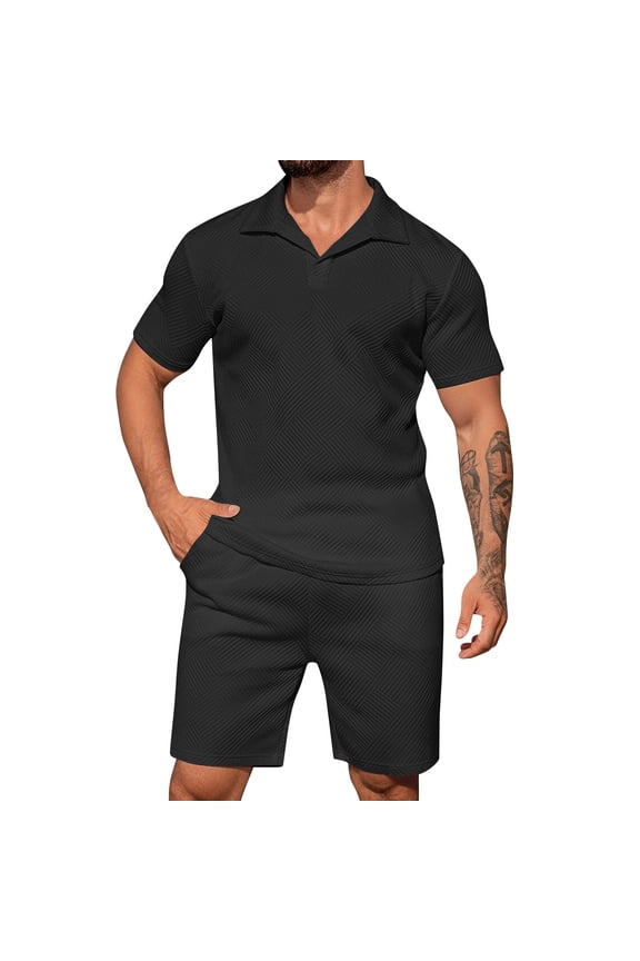 Men's 2 Piece Short Sets Short Sleeve Big and Tall Collared Shirt and Shorts Set Lounge Soft Summer Tracksuit Men, Black 2XL