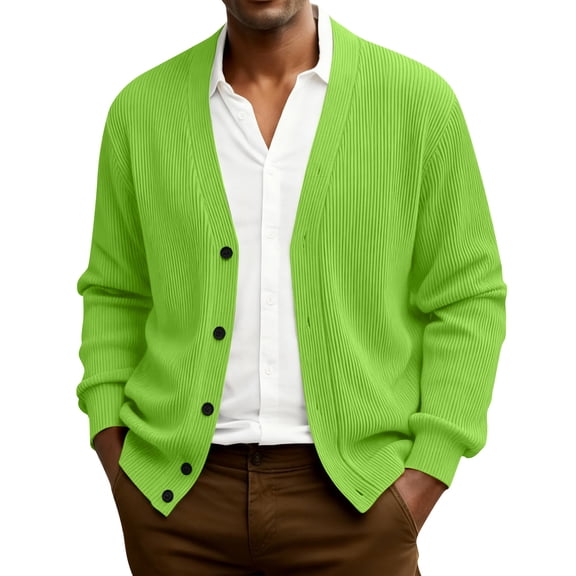 Kixjoy Men's Cardigan Sweaters V Neck Button Down Ribbed Knitted Sweater Lightweight Casual Oversized Long Sleeve Jacket Winter Fashion Soild Mens Sweater, Fluorescent Green 2XL