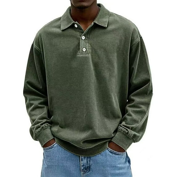 Kixjoy Men's Polo Shirts Oversized Long Sleeve Polo Shirts Collared Button Down Winter Pullovers Casual Lightweight Basic Mens Pullover, Dark Green M
