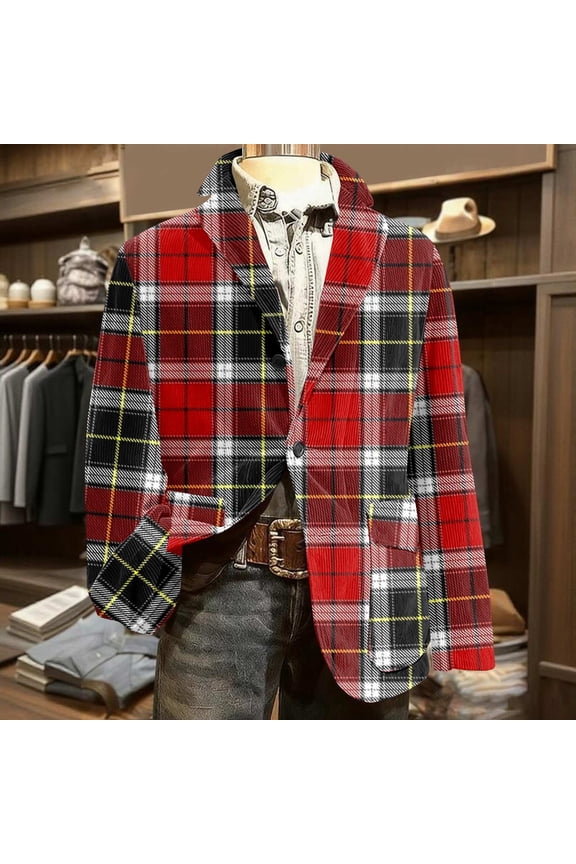 Men's Sport Coats & Blazers Big and Tall Button Down Casual Blazers Long Sleeve Regular Fit Winter Coat Fashion Plaid Lightweight Mens Sport Coat with Pockets, Red XL