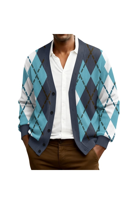 Mens Cardigan Sweater V Neck Button Down Long Sleeve Ribbed Knit Cardigan Oversized Casual Winter Jackets Fashion Plaid Lightweight Mens Sweater, Sky Blue M