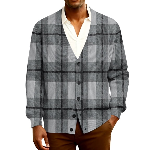 Kixjoy Mens Cardigan Sweater V Neck Button Down Ribbed Knit Cardigan Fall Long Sleeve Oversized Plaid Jackets Fashion Lightweight Mens Sweater, Gray XL