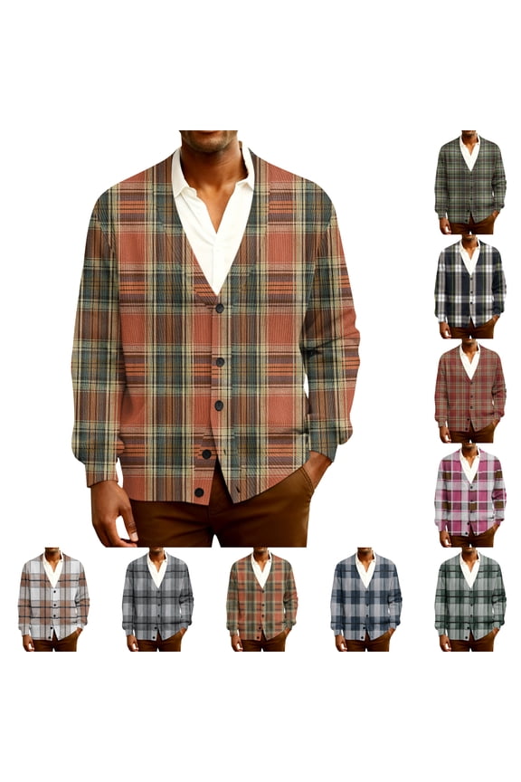 Mens Cardigan Sweater V Neck Button Down Ribbed Knit Cardigan Long Sleeve Plaid Fashion Big and Tall Jacket Winter Casual Lightweight Sweaters for Men, Earthy Yellow S