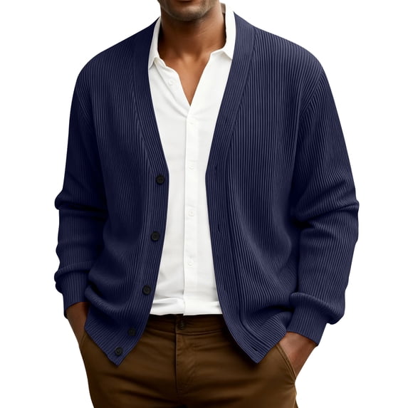 Kixjoy Mens Cardigan Sweater V Neck Button Down Ribbed Knitted Sweater Winter Long Sleeve Big and Tall Soild Jackets Fashion Lightweight Sweaters for Men, Dark Blue 4XL